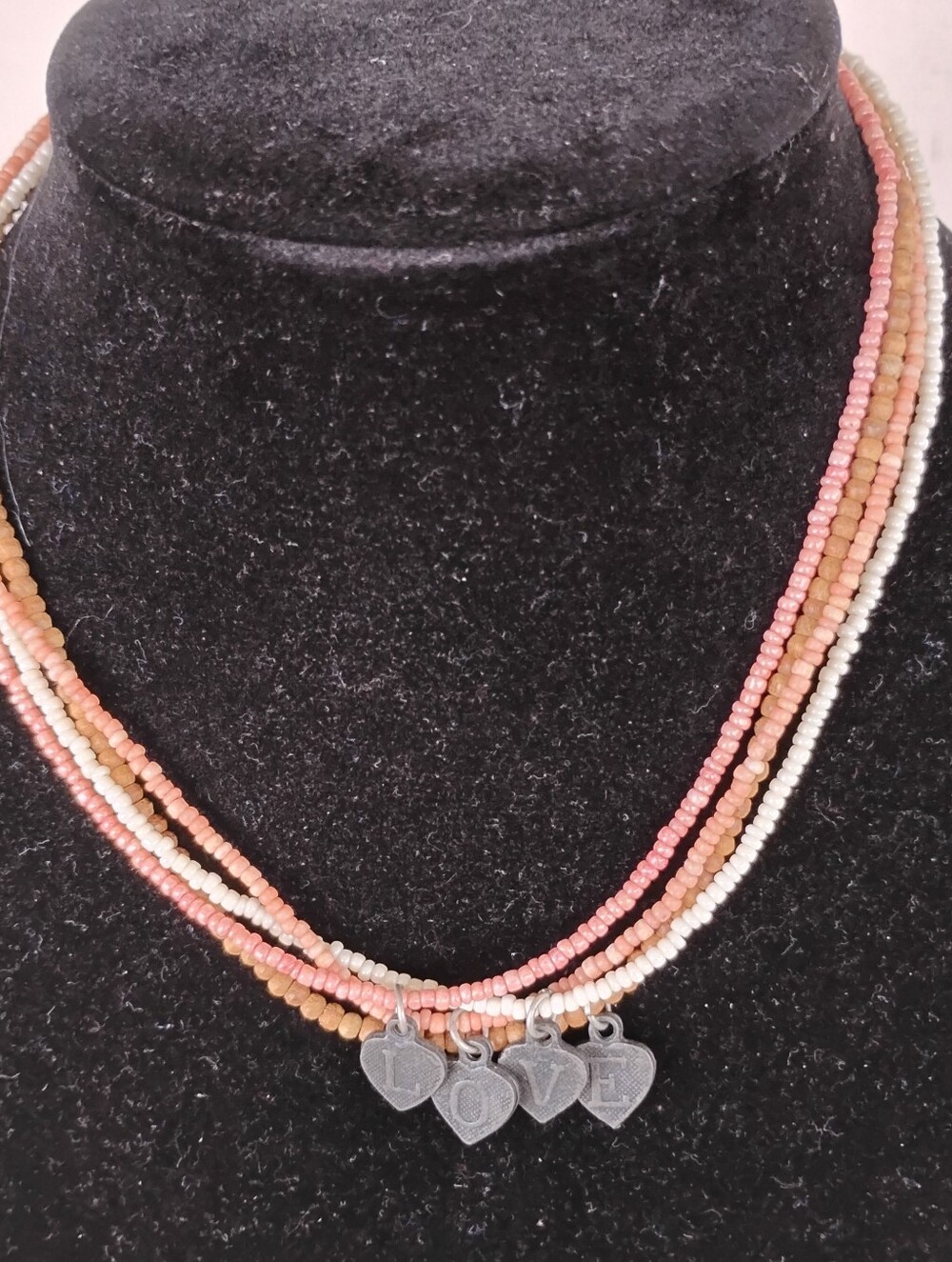Multistrand Pink & Cream Beaded Necklace with LOVE Charms